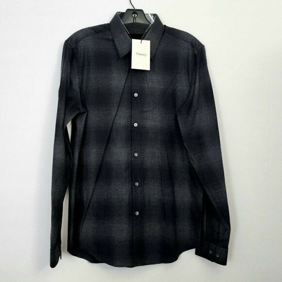THEORY Men's Irving - S, M, L, XL -  Flannel Check Sport Shirt - Charcoal Check - Picture 4 of 8